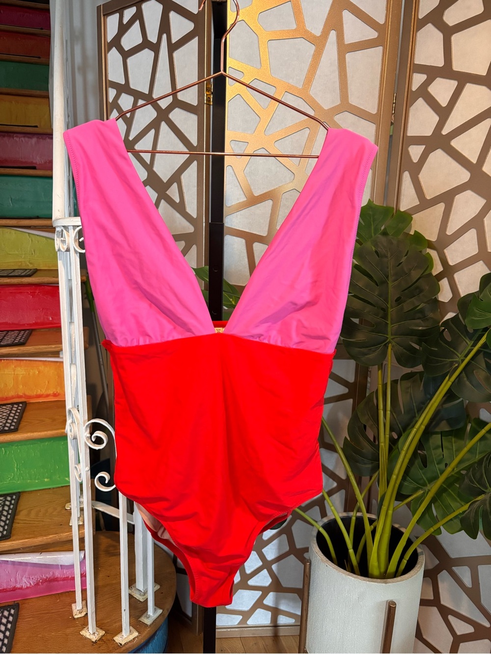 J. Crew Pink and Red Colorblock One-Piece